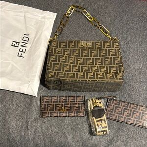 Fendi Brown and Tan Crossbody Bag with Geometric Pattern